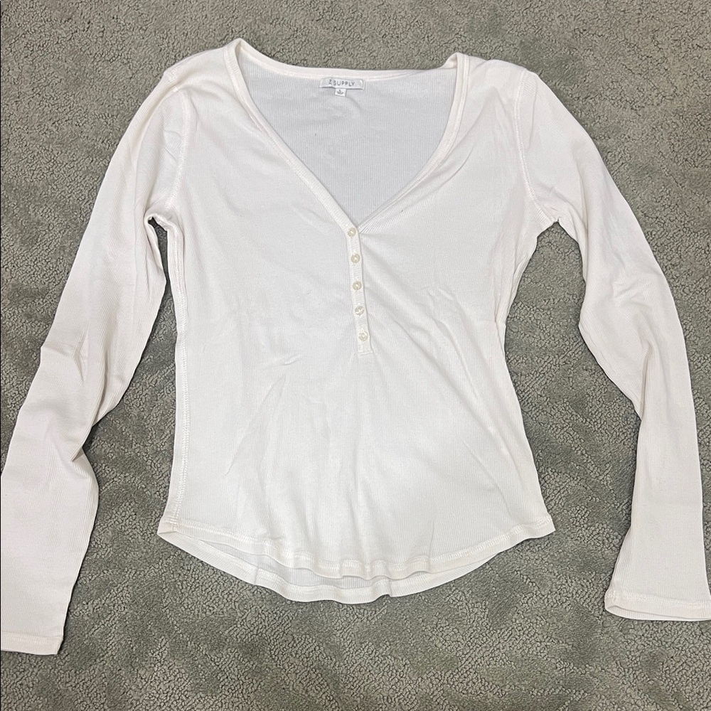 Z Supply White Long Sleeve V-Neck Top